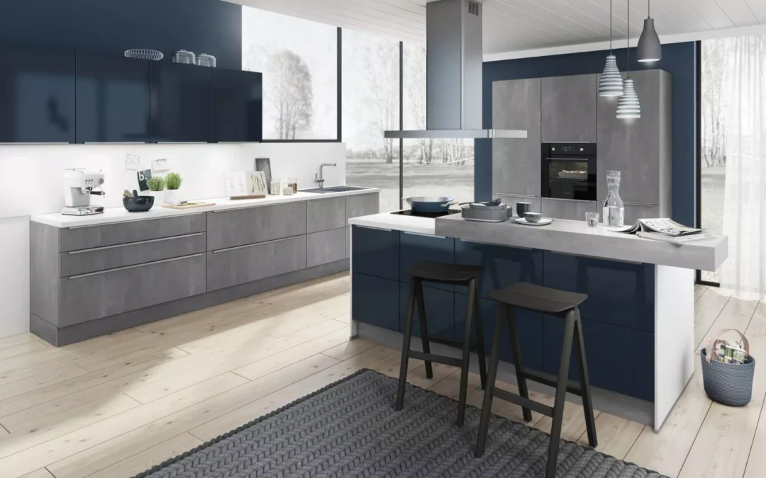 Bauformat Berger Concrete + Navy Gloss Kitchen With Island