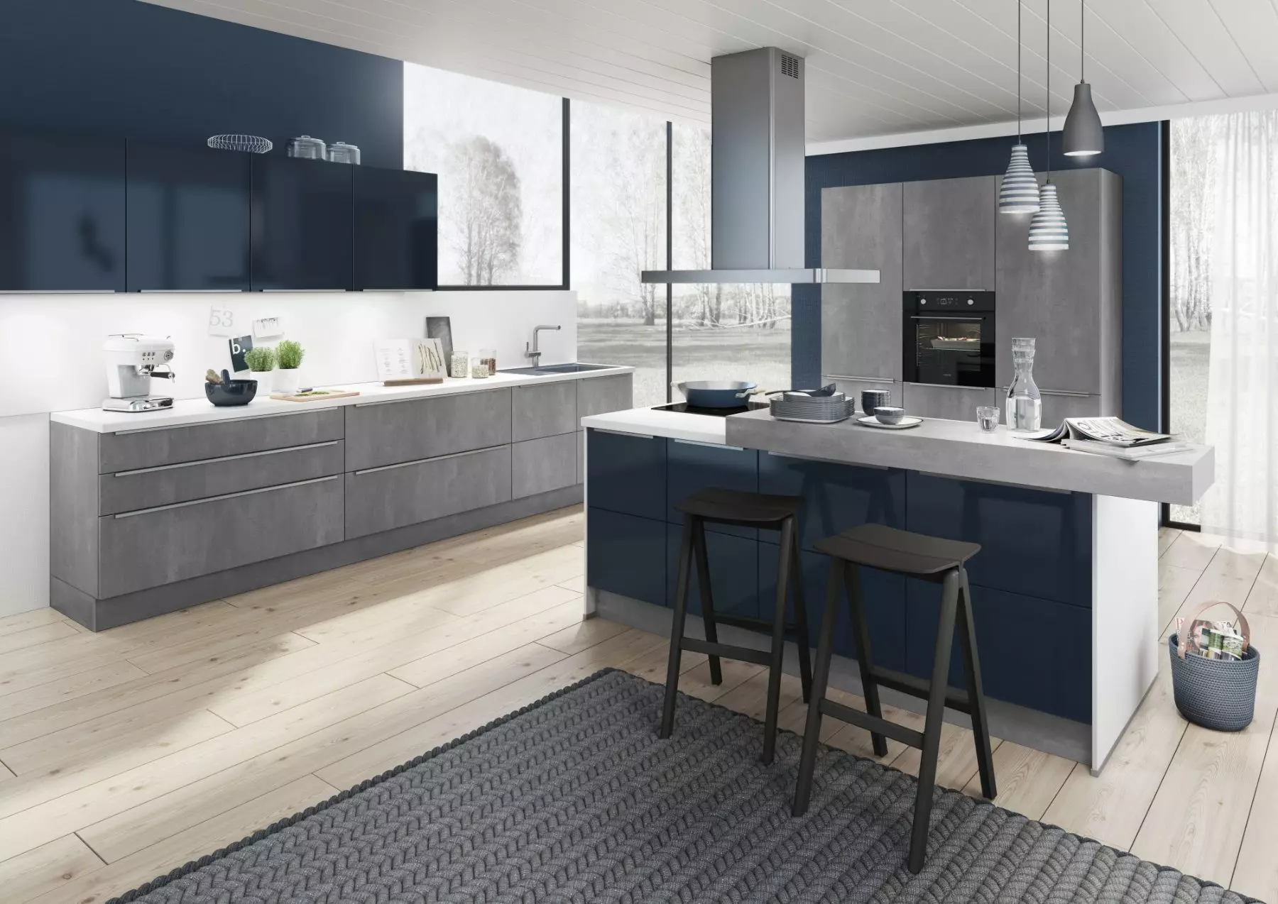 Bauformat Berger Concrete + Navy Gloss Kitchen With Island