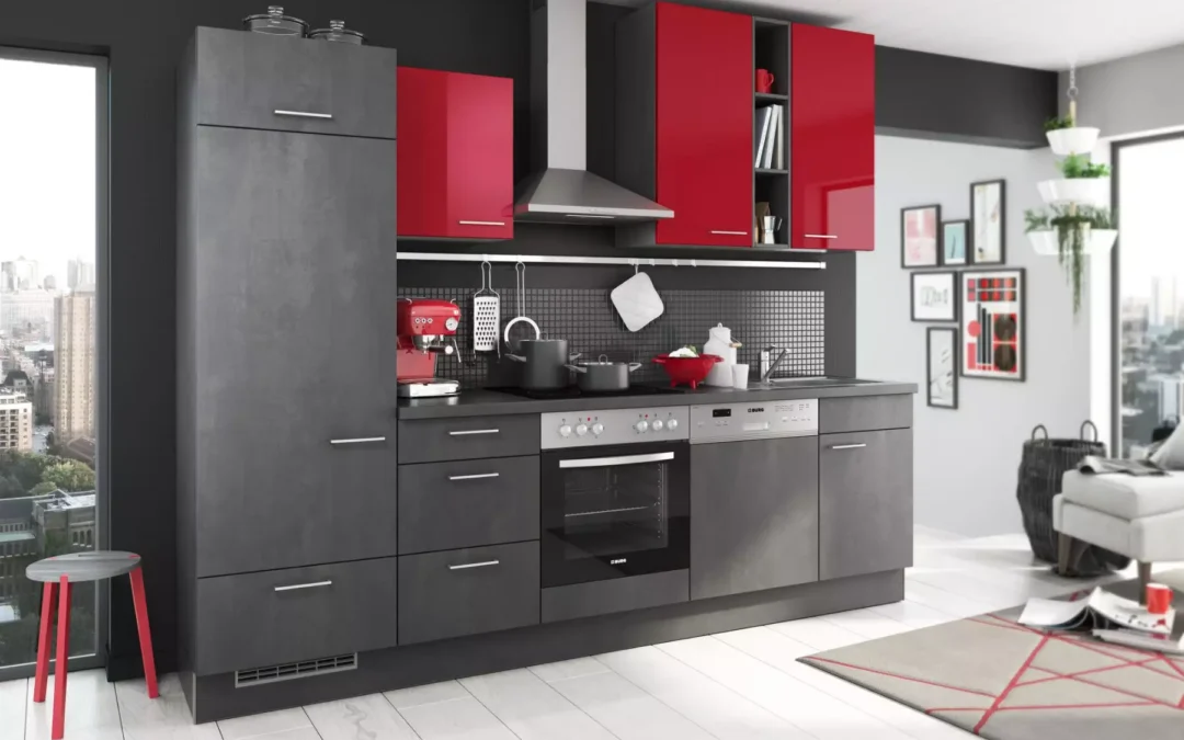 Bauformat Berger Dark Concrete Kitchen With Red Gloss Doors.