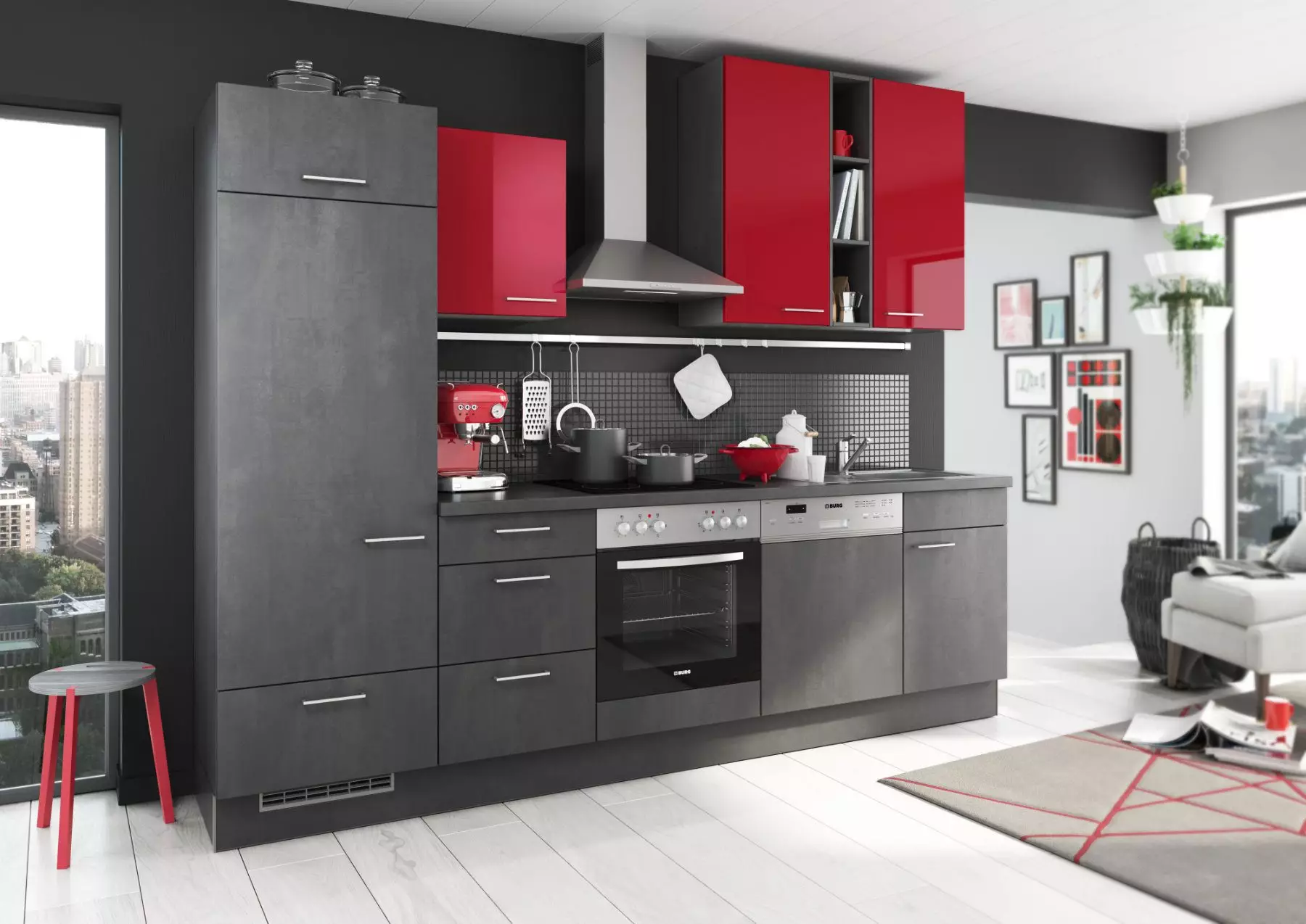 Bauformat Berger Dark Concrete Kitchen With Red Gloss Doors.