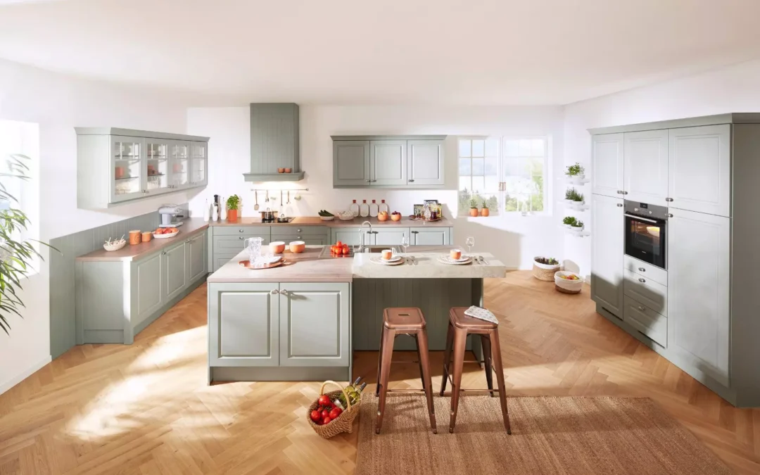Bauformat Berger Olive Shaker Open Plan Kitchen With Island.