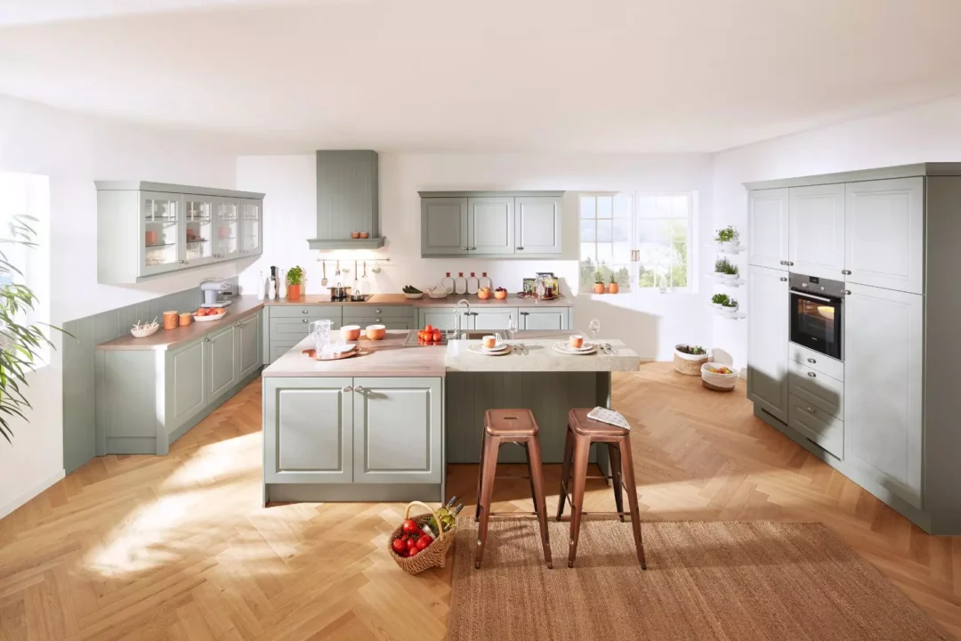 Bauformat Berger Olive Shaker Open Plan Kitchen With Island.