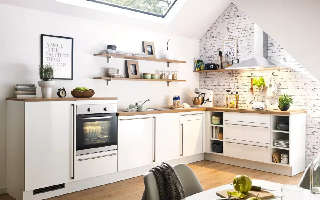 Bauformat Berger White Matt L Shaped Kitchen With Wooden Top.