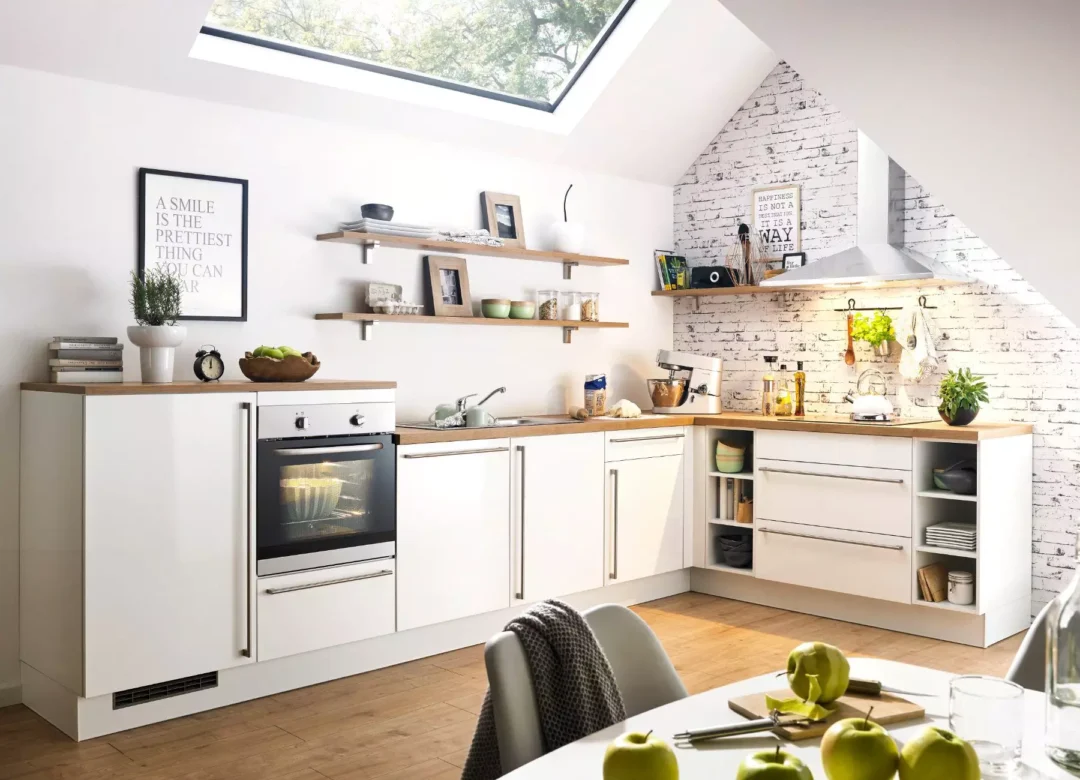 Bauformat Berger White Matt L Shaped Kitchen With Wooden Top.