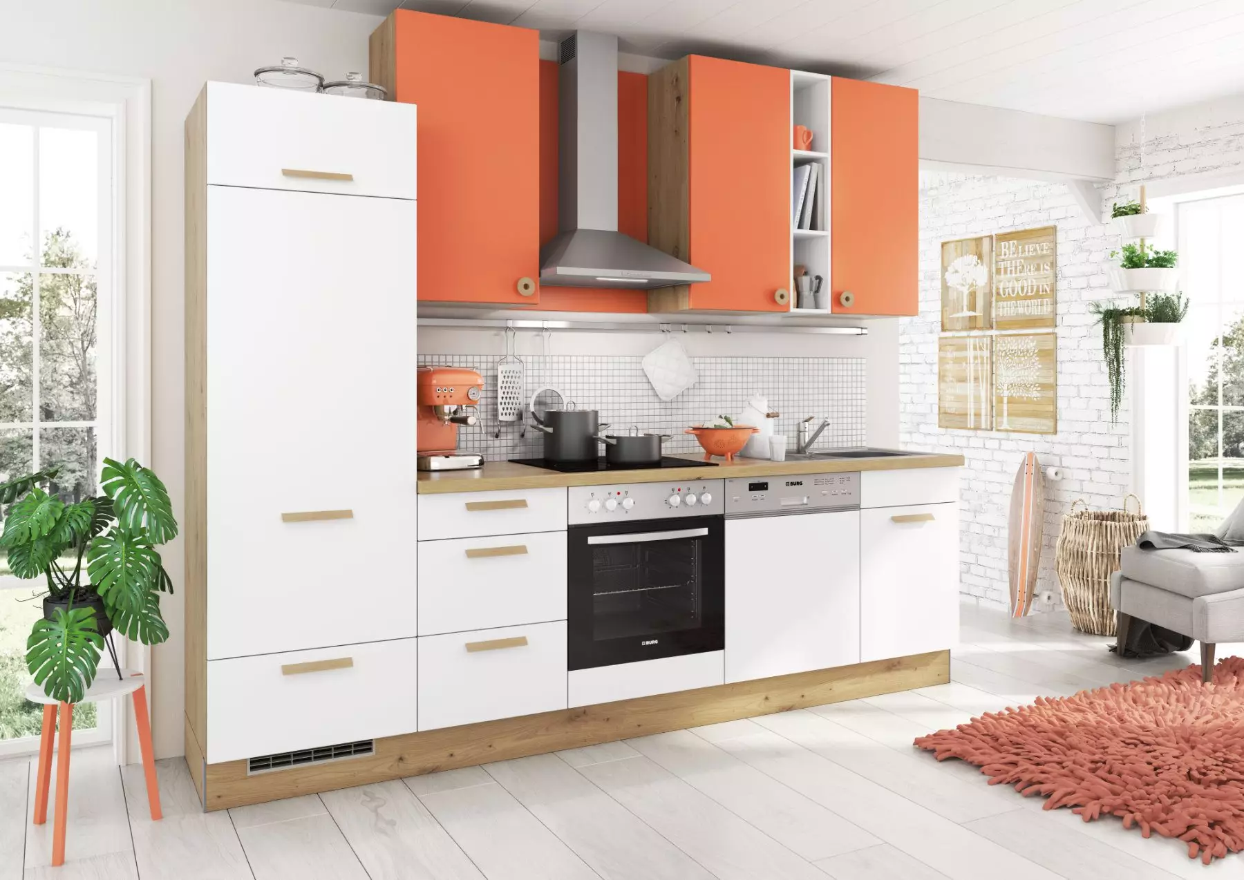 Bauformat Berger White + Orange Matt Compact Kitchen