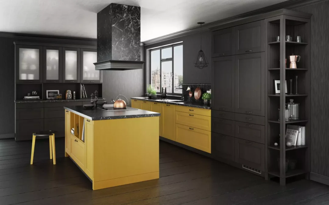 Bauformat Black + Yellow Shaker L-Shaped Kitchen With Island