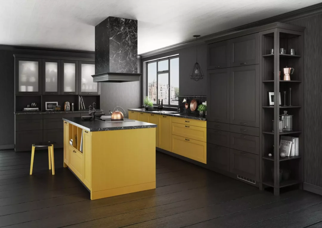 Bauformat Black + Yellow Shaker L-Shaped Kitchen With Island