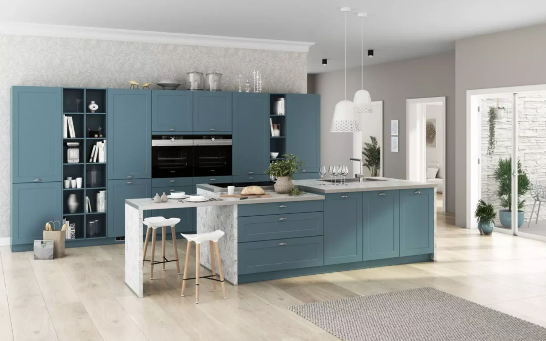 Bauformat Blue Shaker Open Plan Kitchen.