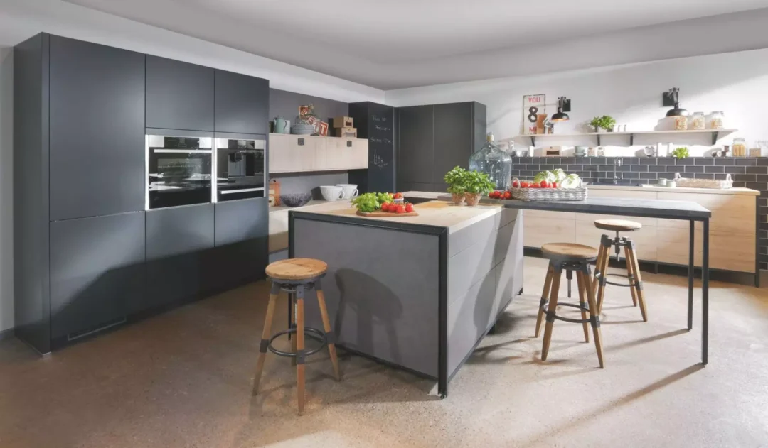 Bauformat Grey Matt L Shaped Kitchen With Island.