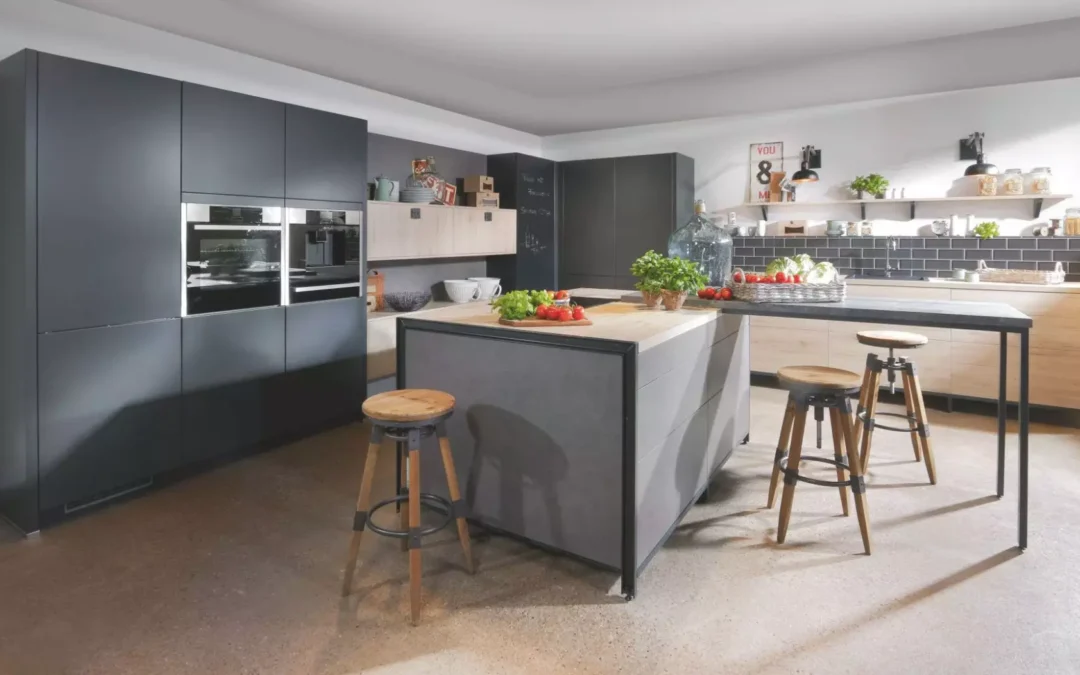 Bauformat Grey Matt L Shaped Kitchen With Island.