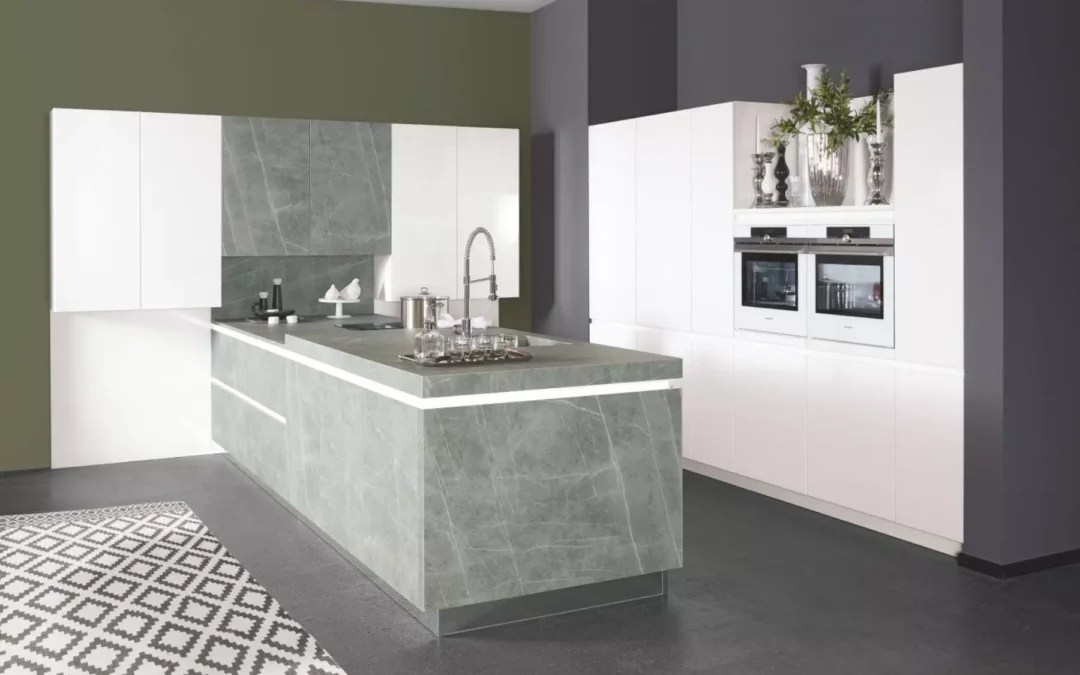 Bauformat Matt White + Ceramic Handleless L-Shaped Kitchen With Island