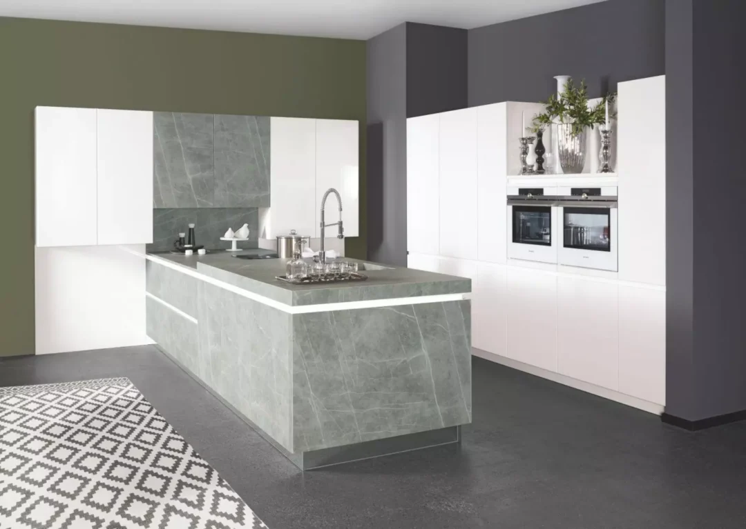 Bauformat Matt White + Ceramic Handleless L-Shaped Kitchen With Island