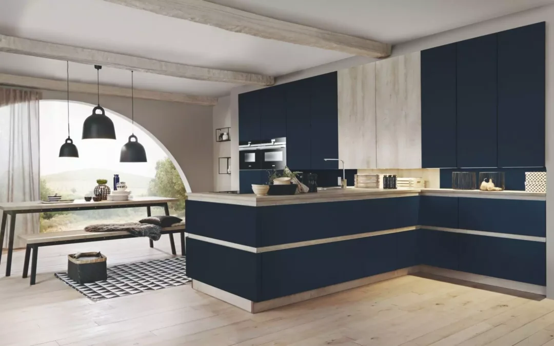 Bauformat Modern Blue Handleless Kitchen.