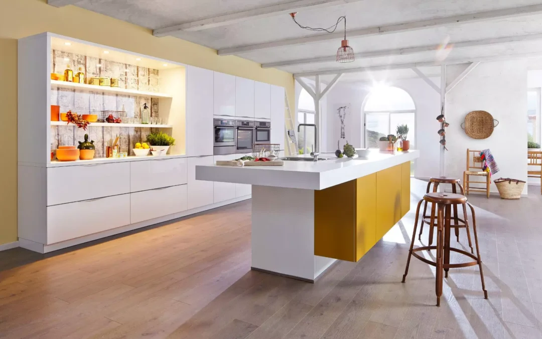 Bauformat White Gloss + Mustard Open Plan Kitchen With Island