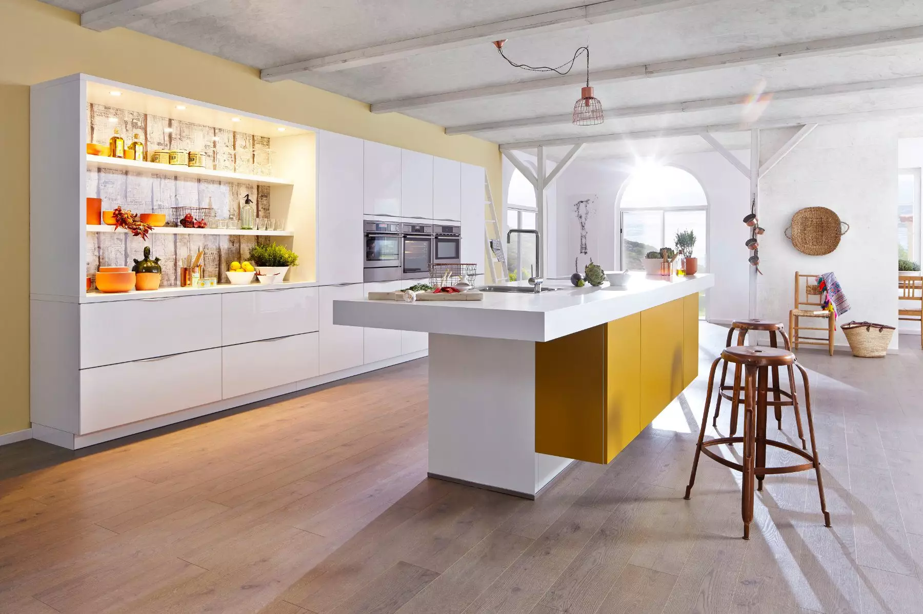 Bauformat White Gloss + Mustard Open Plan Kitchen With Island